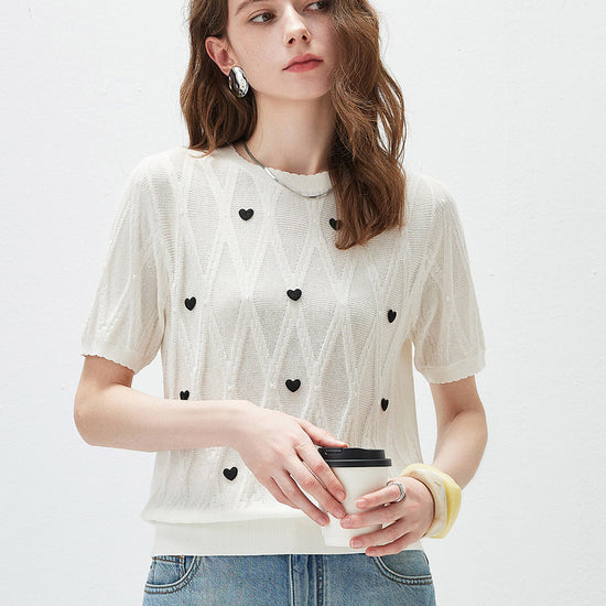 COMOBOCA Cloudy Women's Heart Appliques Diamond Knit Top