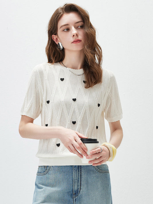 COMOBOCA Cloudy Women's Heart Appliques Diamond Knit Top