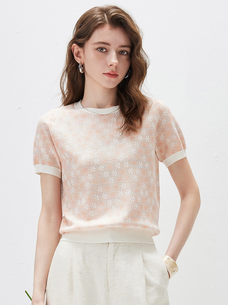COMOBOCA Floral Women's Ribbed Floral Textured Knit Top