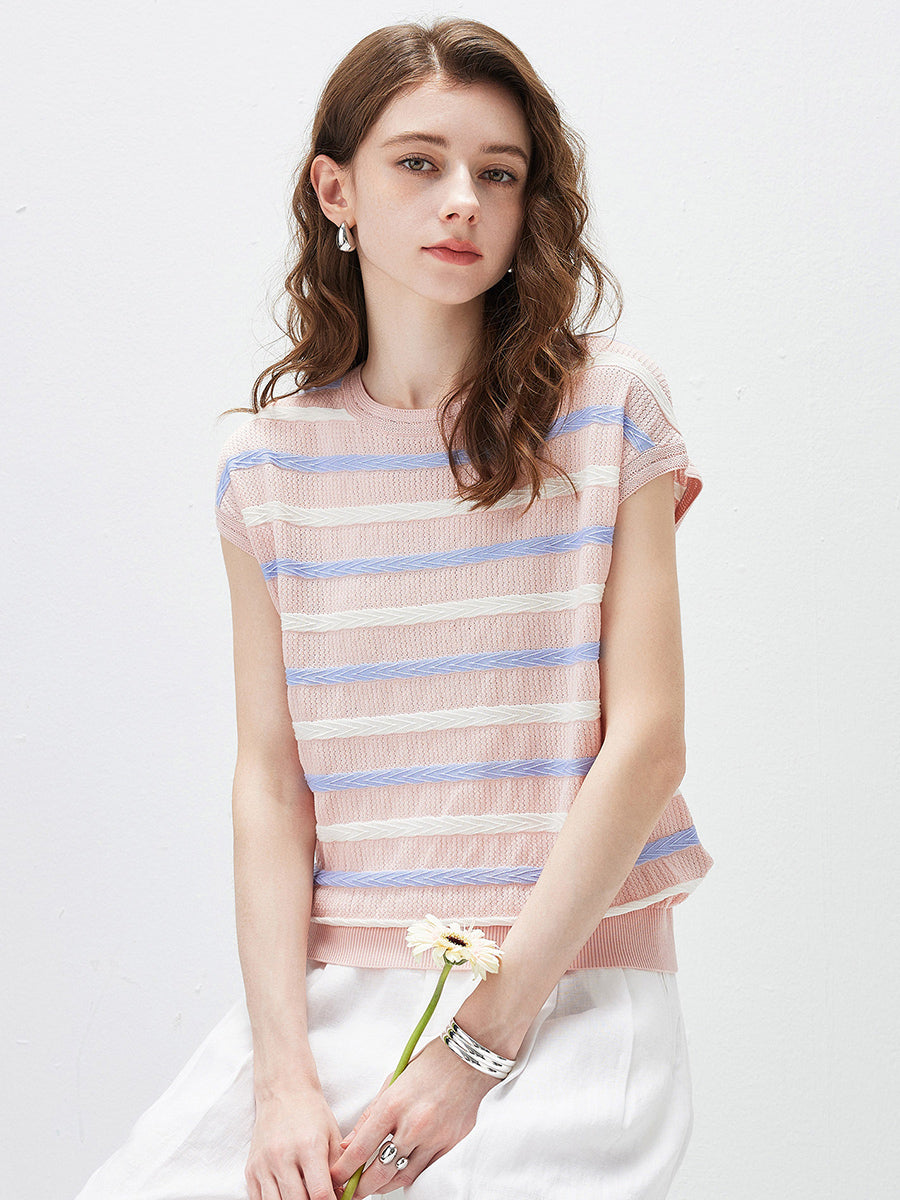 COMOBOCA Women's Striped Knit Cap Sleeve T-Shirt