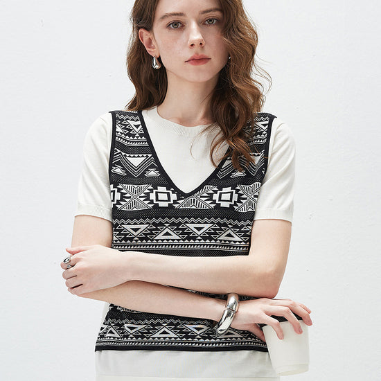 COMOBOCA Geometric Women's 2-in-1 Geometric Knit Top