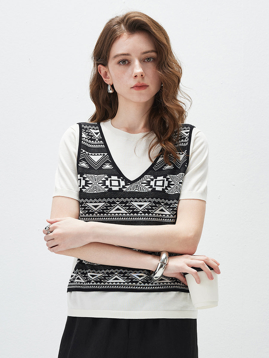 COMOBOCA Geometric Women's 2-in-1 Geometric Knit Top