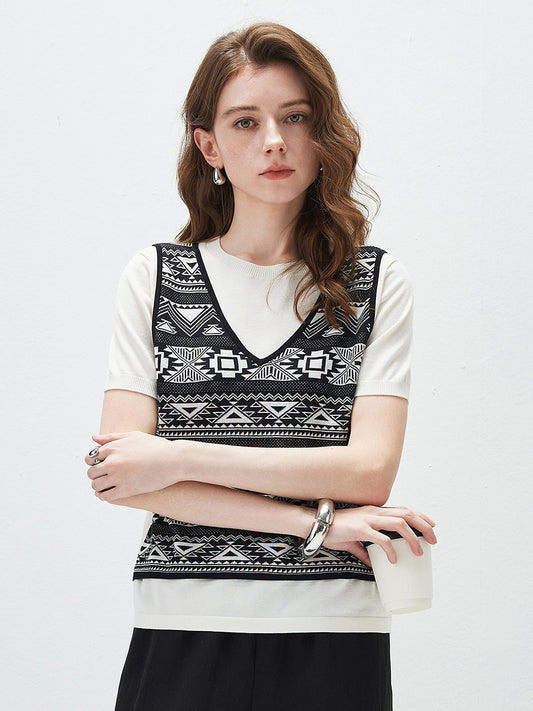 COMOBOCA Geometric Women's 2-in-1 Geometric Knit Top