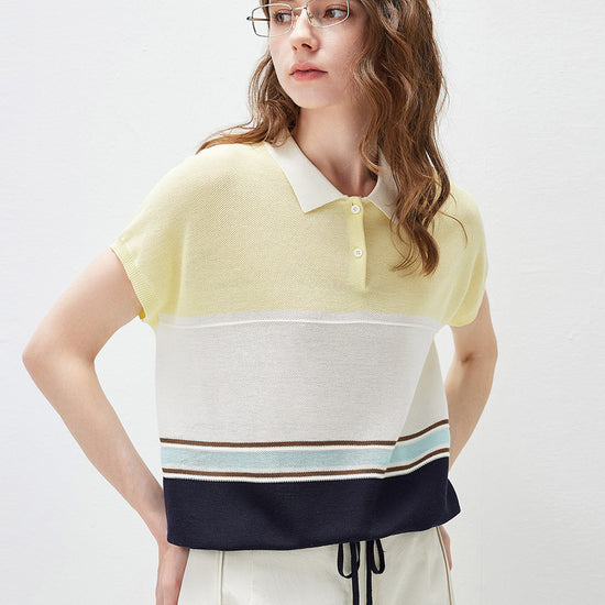 COMOBOCA Women's Color Block Striped Polo Knit T-Shirt
