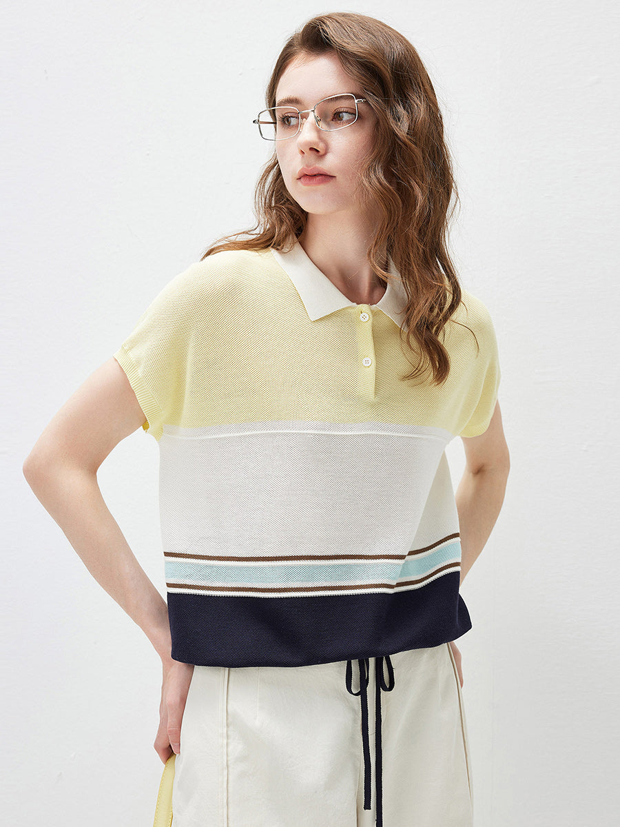 COMOBOCA Women's Color Block Striped Polo Knit T-Shirt