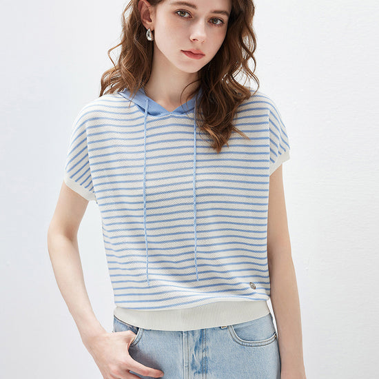 COMOBOCA Light Blue Women's Striped Contrast Hooded Knit T-Shirt