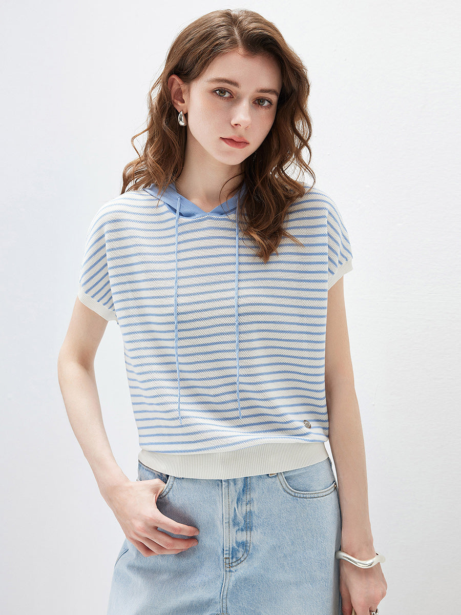 COMOBOCA Light Blue Women's Striped Contrast Hooded Knit T-Shirt