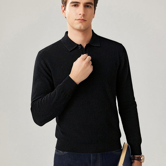 COMOBOCA Black 100% Cashmere Men's Knit Polo Pullover Sweater