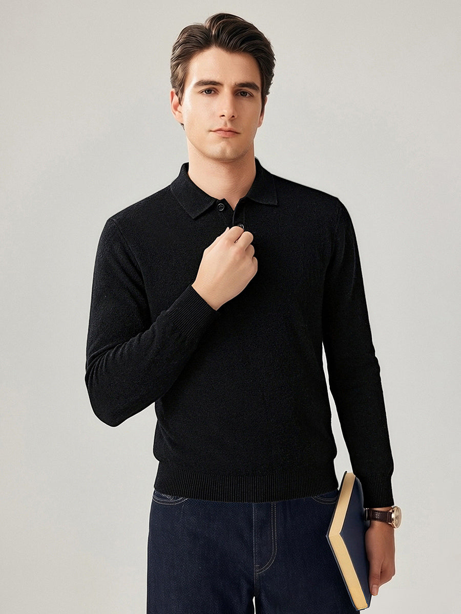 COMOBOCA Black 100% Cashmere Men's Knit Polo Pullover Sweater