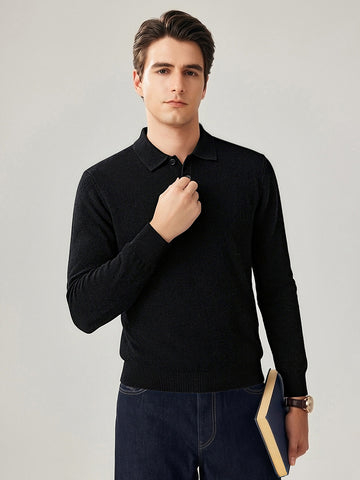 COMOBOCA Black 100% Cashmere Men's Knit Polo Pullover Sweater