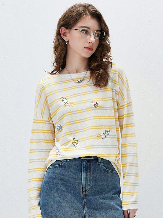 Women's Round Neck Linen Knit Top With Embroidery