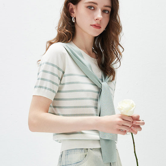 COMOBOCA Women's Striped Knit T-Shirt with Attached Shawl