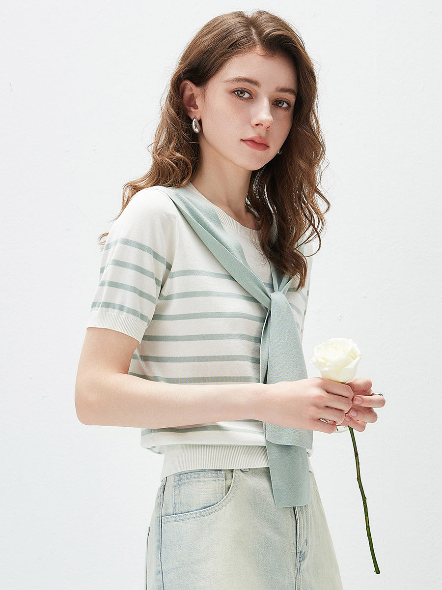 COMOBOCA Women's Striped Knit T-Shirt with Attached Shawl