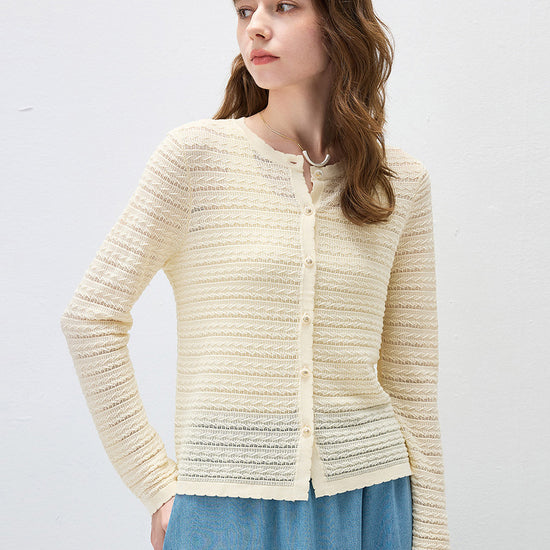 COMOBOCA Women's Scalloped Pointelle Knit Cardigan
