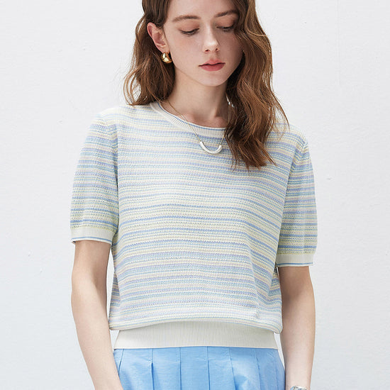COMOBOCA Women's Pastel Marled Stripe Openwork Knit T-Shirt