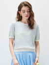 COMOBOCA Women's Pastel Marled Stripe Openwork Knit T-Shirt