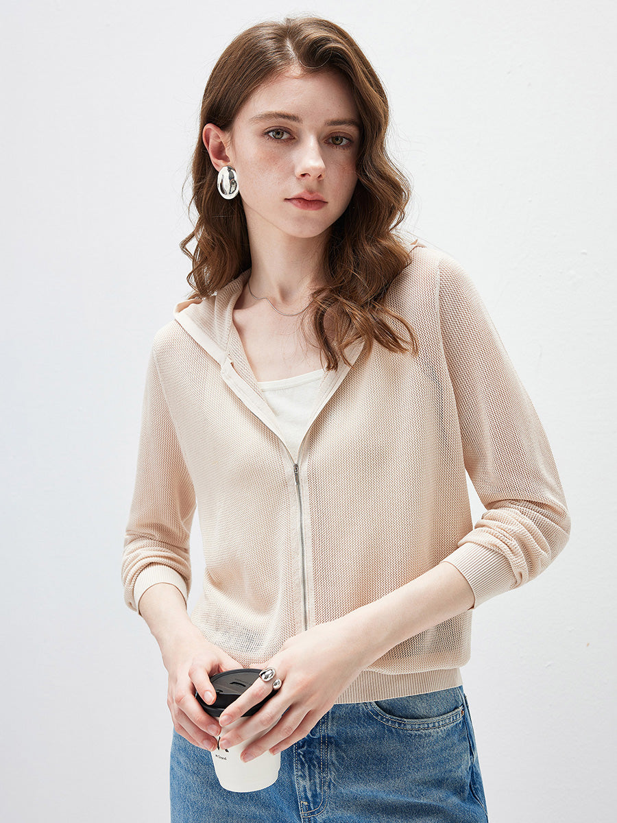 COMOBOCA Women's Sheer Mesh Hooded Zip Up Cardigan