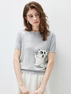 COMOBOCA Women's Cat And Tennis Intarsia Knit T-Shirt