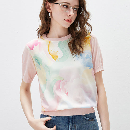 COMOBOCA Women's Floral Print Panel Knit T-Shirt