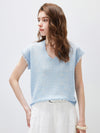 Women's V-Neck Silk-Cotton Jacquard Knit Short Sleeve T-Shirt
