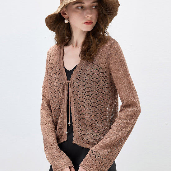 COMOBOCA Women's Linen Lace Knit Tie Front Cardigan