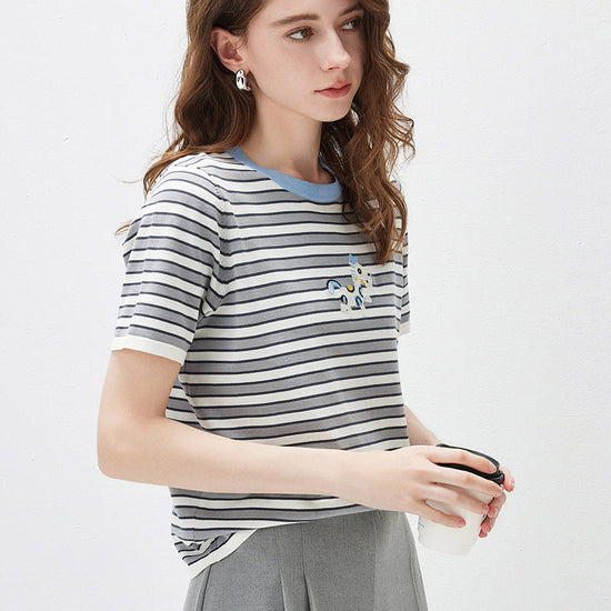 COMOBOCA Women's Embroidery Striped Knit Top