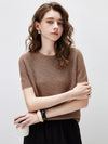 COMOBOCA Brown Women's Openwork Round Neck Knit T-Shirt