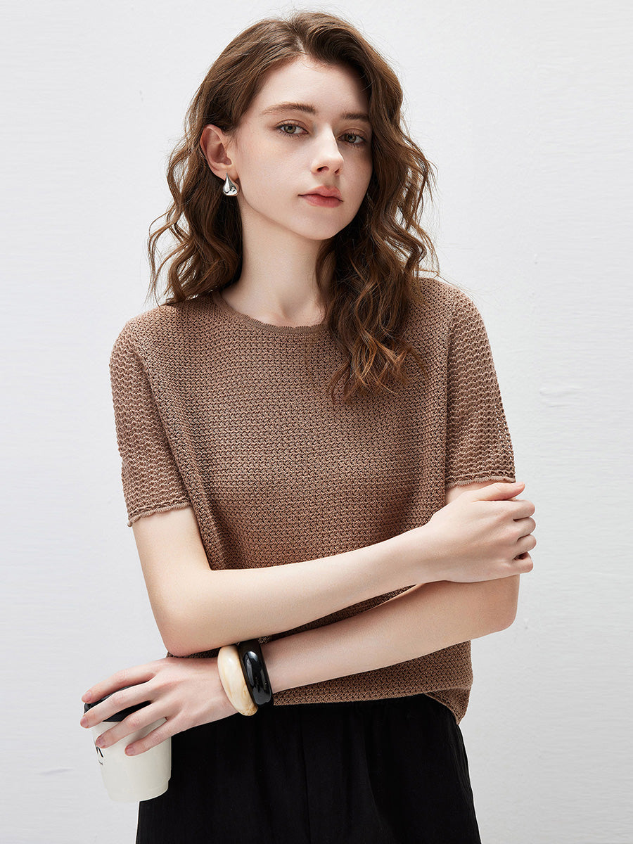 COMOBOCA Brown Women's Openwork Round Neck Knit T-Shirt