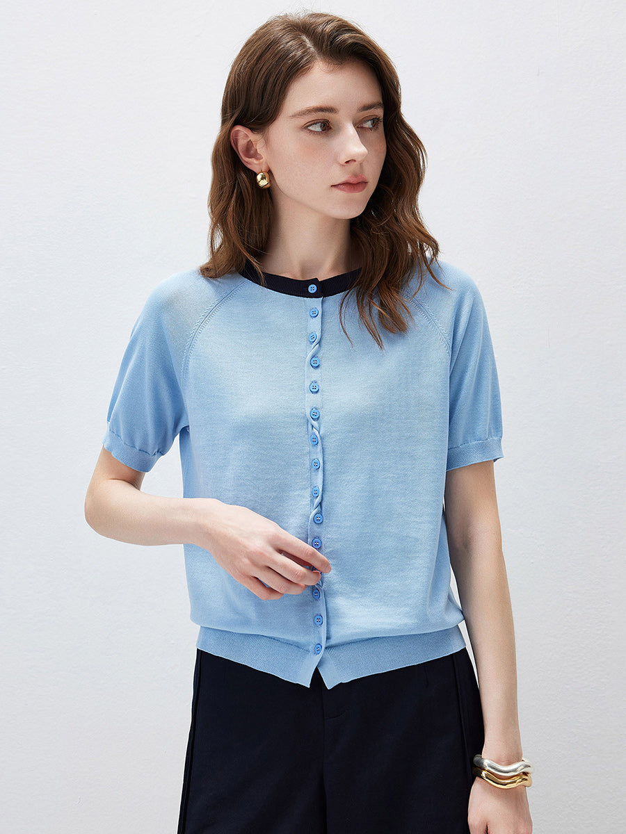 COMOBOCA Women's Contrast Trim Button Front Knit Cardigan