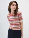 Women’s Crew Neck Silk-Cotton Jacquard Striped Short-Sleeve Knit T-shirt