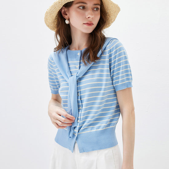 COMOBOCA Women's Striped Short Sleeve Knit Cardigan