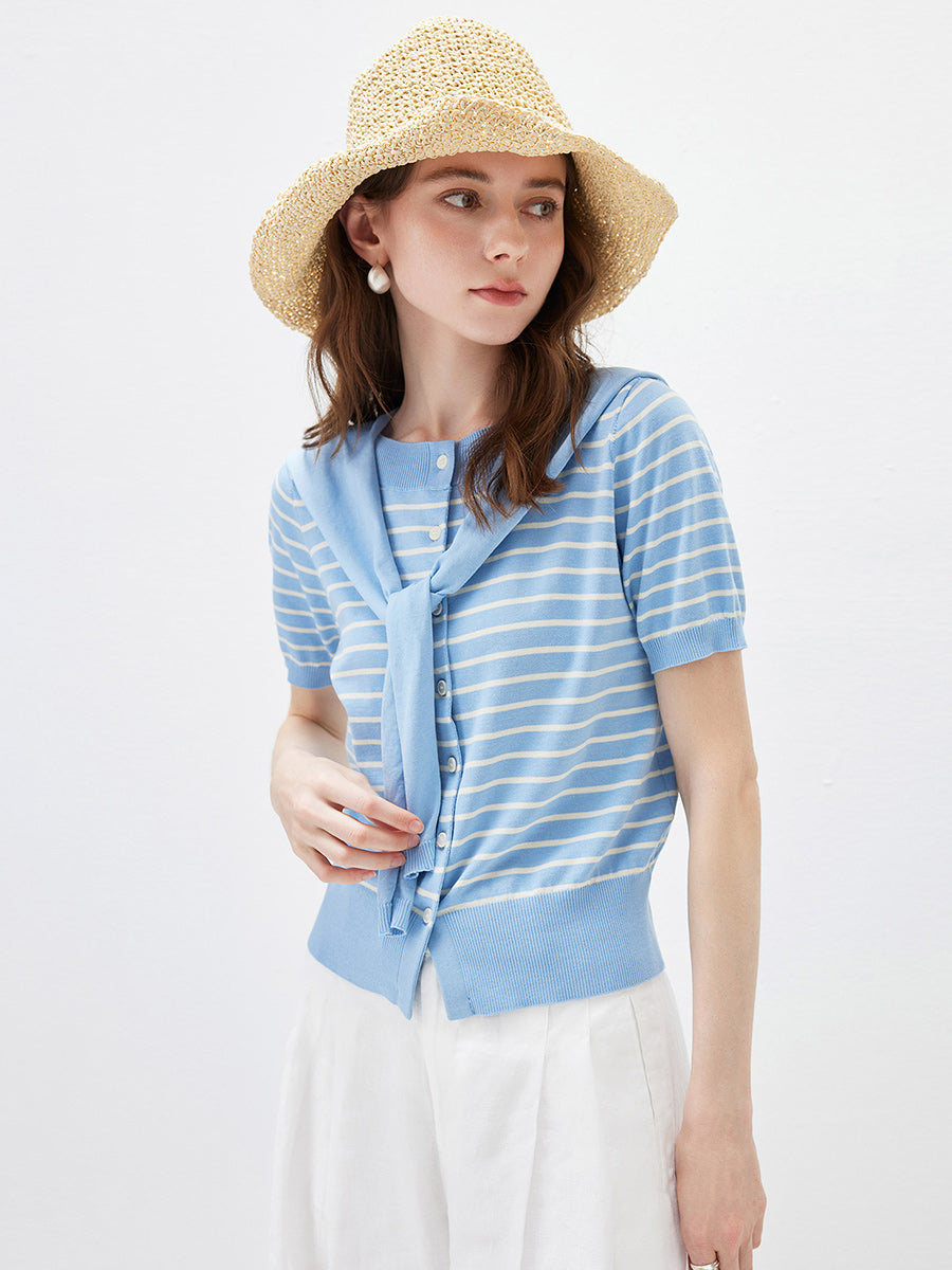 COMOBOCA Women's Striped Short Sleeve Knit Cardigan