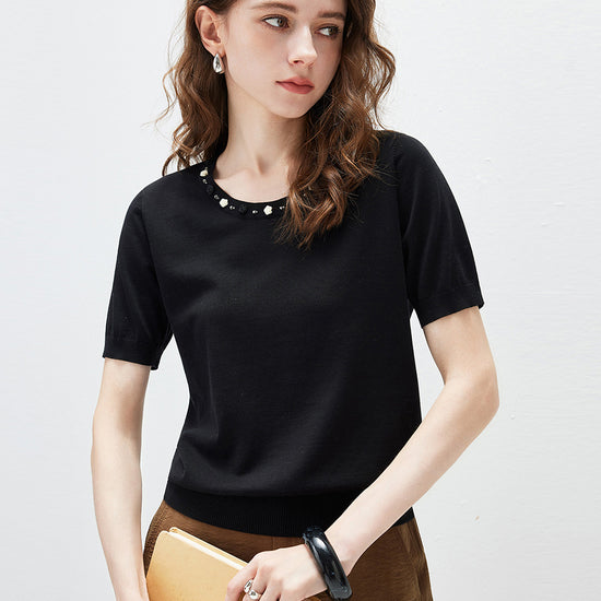 COMOBOCA Black Women's Rhinestone Trim Knit T-Shirt