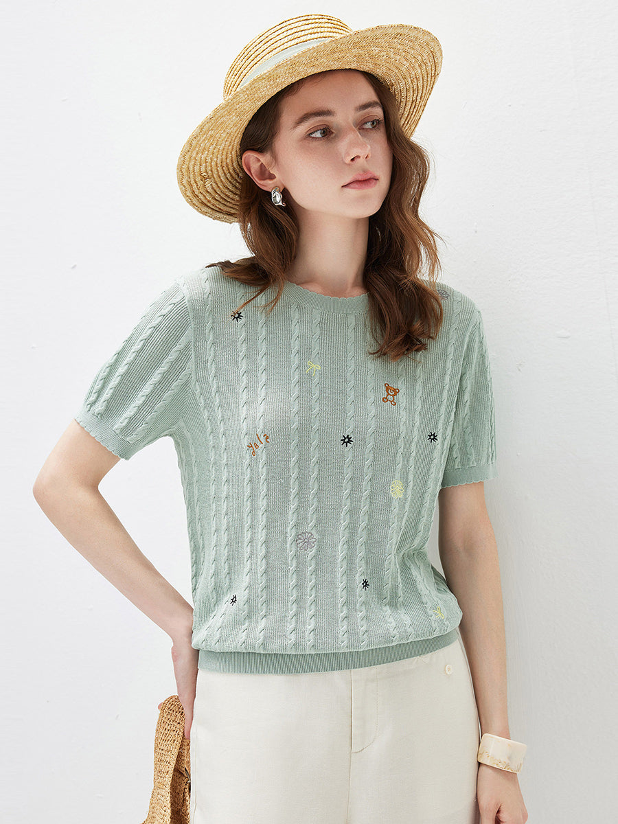 COMOBOCA Women's Cable Knit Embroidered Sweater