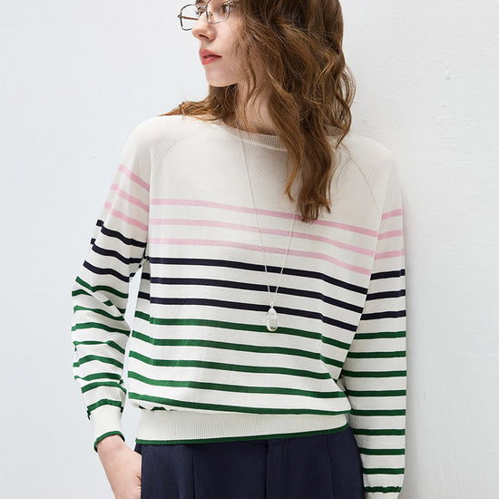 COMOBOCA Women's Stripe Round Neck Knit Sweater