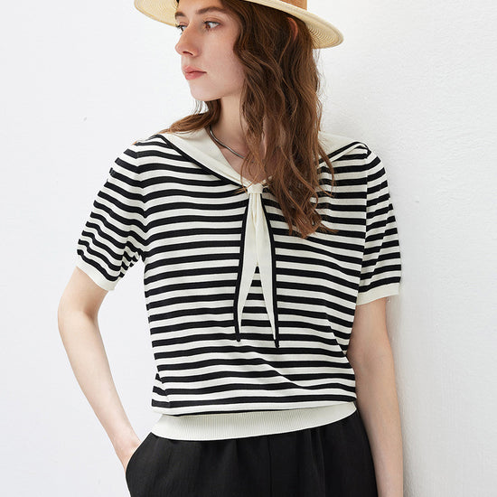 COMOBOCA Women's Striped Sailor Collar Knit Top