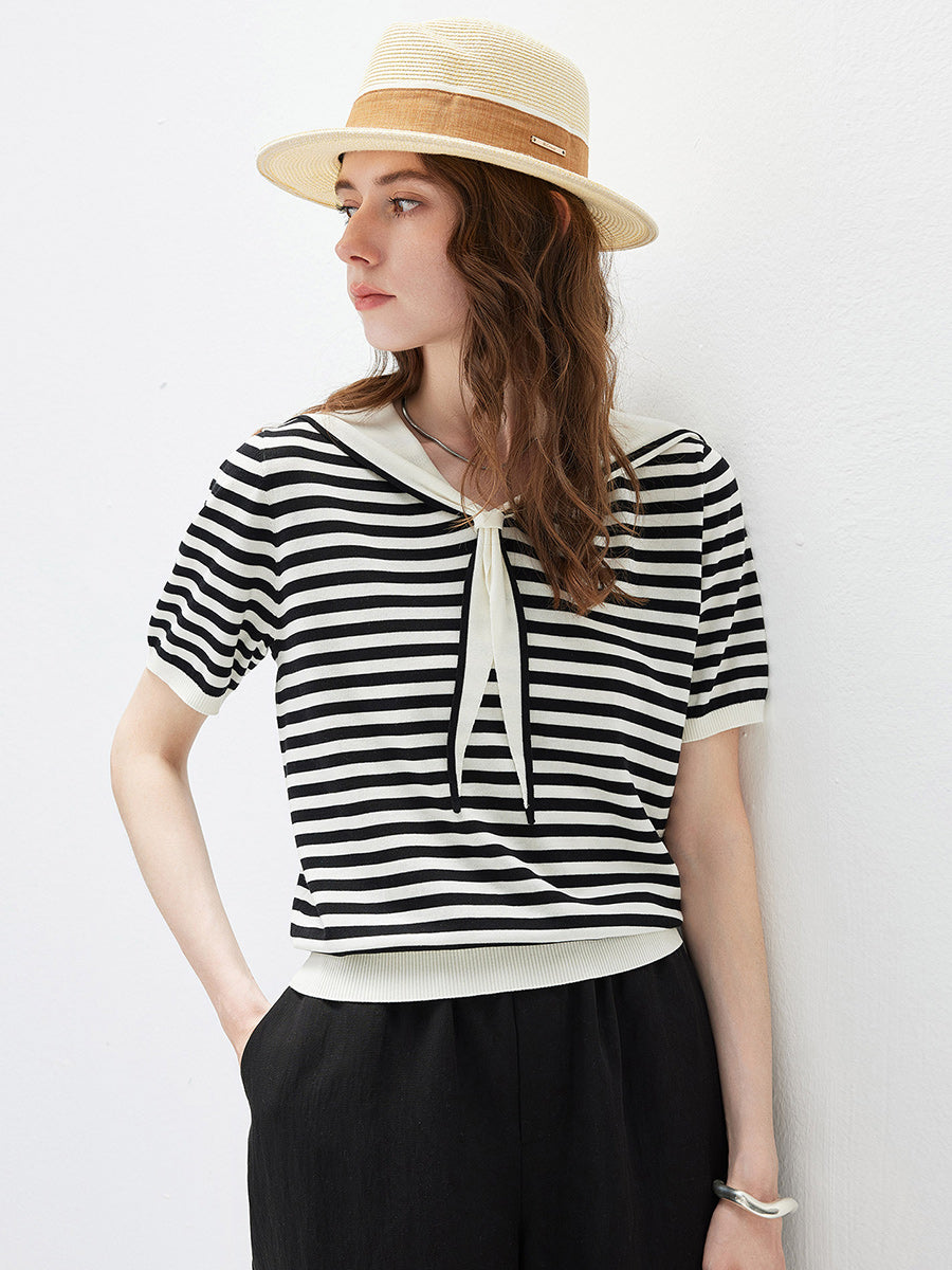 COMOBOCA Women's Striped Sailor Collar Knit Top