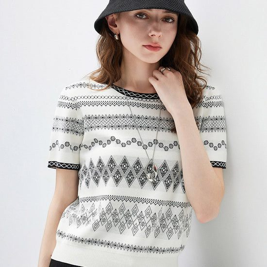 COMOBOCA Women's Fair Isle Geometric Stripe Knit T-Shirt