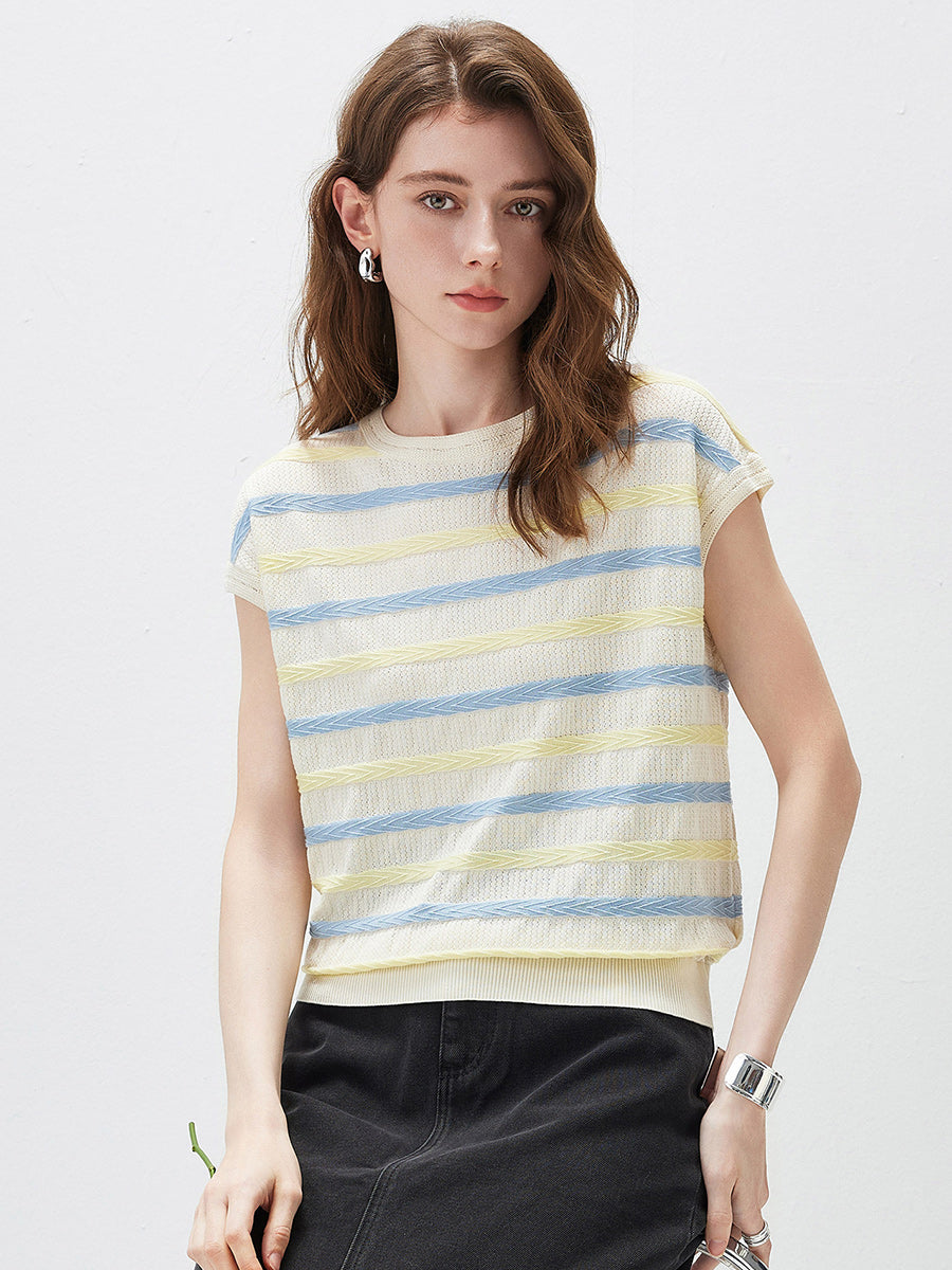 COMOBOCA Women's Striped Knit Cap Sleeve T-Shirt