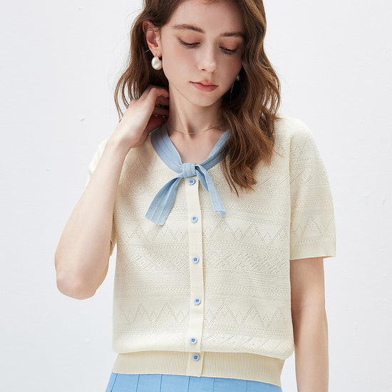 COMOBOCA Women's Bow Knit Short Sleeve Faux Cardigan