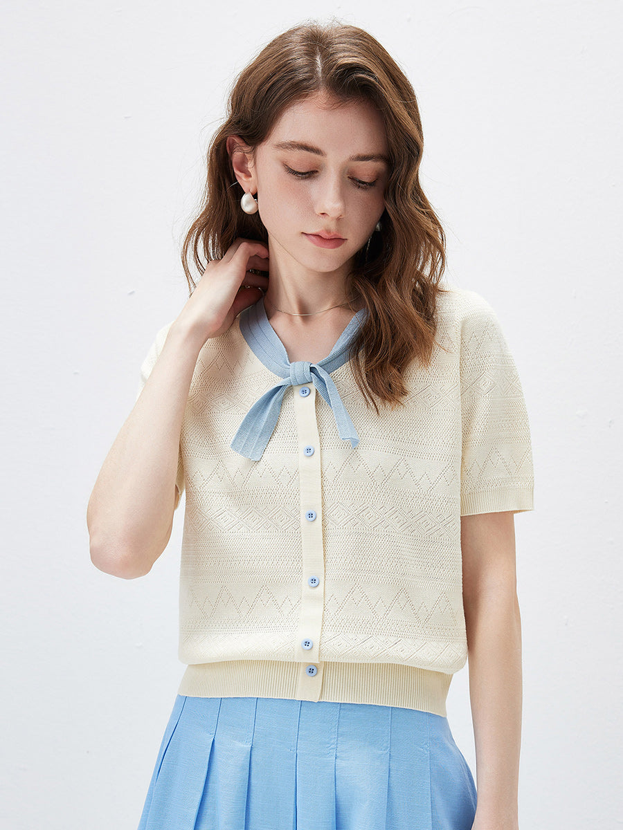 COMOBOCA Women's Bow Knit Short Sleeve Faux Cardigan