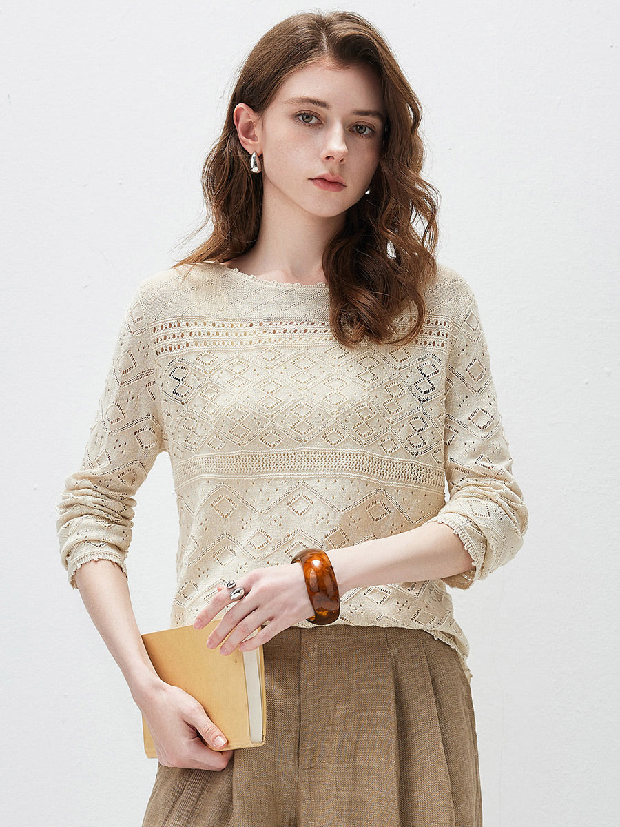 COMOBOCA Beige Women's Diamond Pointelle Knit Sweater