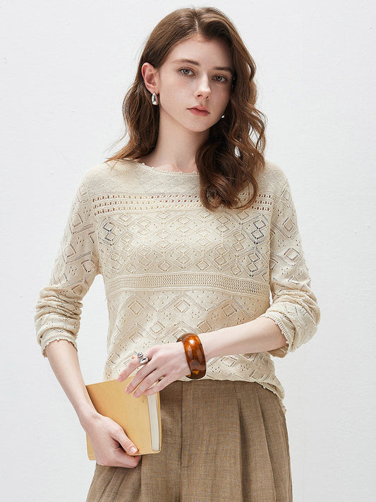COMOBOCA Beige Women's Diamond Pointelle Knit Sweater