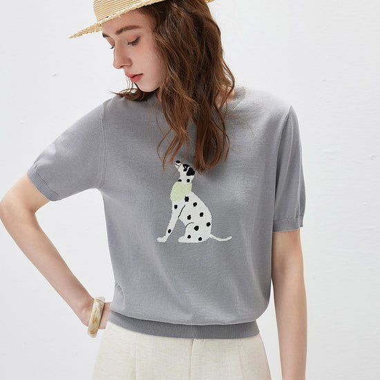 COMOBOCA Women's Dalmatian Intarsia Knit T-Shirt