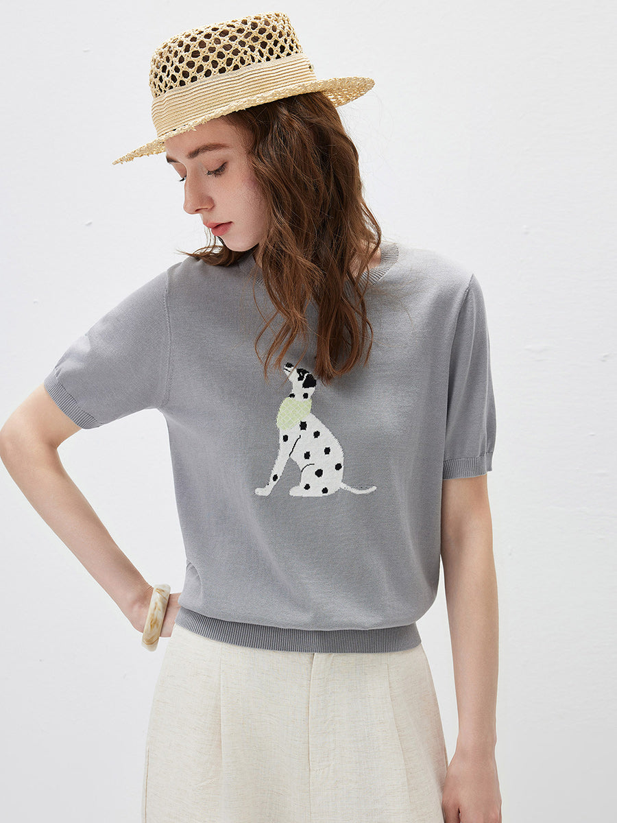 COMOBOCA Women's Dalmatian Intarsia Knit T-Shirt