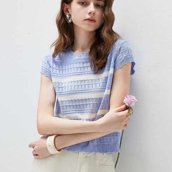 COMOBOCA Women's Cap Sleeve Striped Openwork Knit T-Shirt