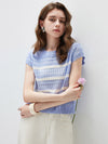 COMOBOCA Women's Cap Sleeve Striped Openwork Knit T-Shirt