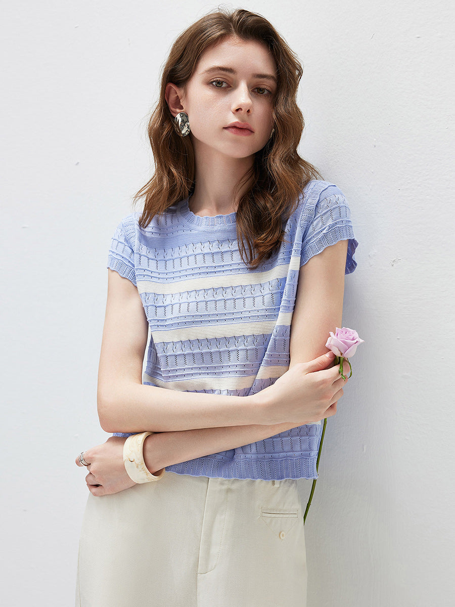 COMOBOCA Women's Cap Sleeve Striped Openwork Knit T-Shirt