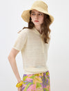Women's Silk-Cotton Blend Peter Pan Collar Pointelle Knit Short Sleeve Top