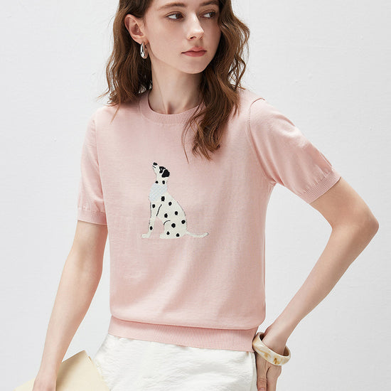 COMOBOCA Women's Dalmatian Intarsia Knit T-Shirt